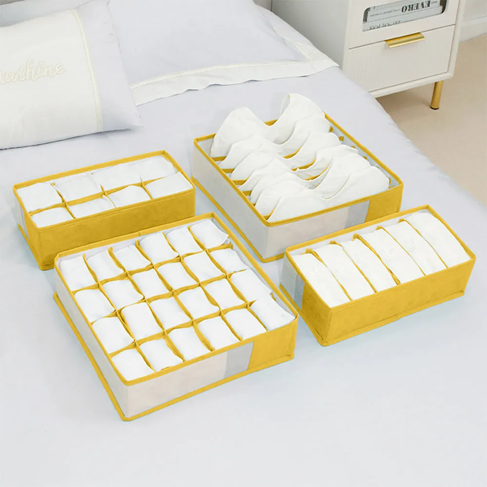 4-Piece Set Foldable Storage Box Bra Underwear Closet Organizer Drawer Divider Kit Yellow