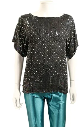 70s Black Silk Beaded/Sequin Top, Relaxed Fit Party Top S