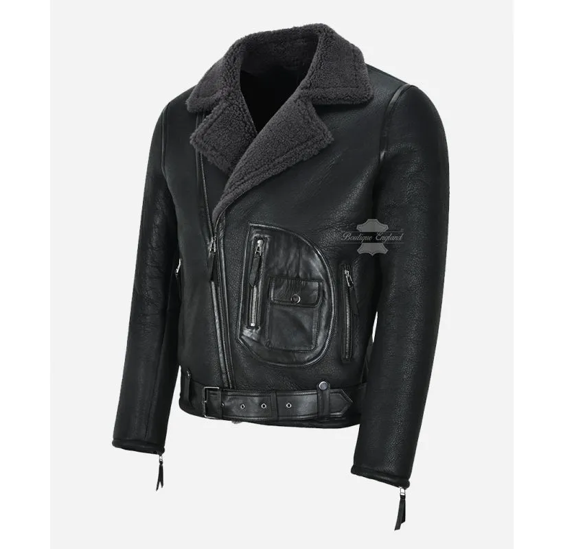 ASTER BIKER SHEEPSKIN JACKET MEN'S MOTORCYCLE SHEARLING FUR JACKET BLACK