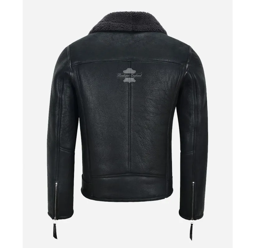 ASTER BIKER SHEEPSKIN JACKET MEN'S MOTORCYCLE SHEARLING FUR JACKET BLACK