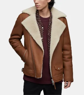 Averill Men's Brown Shearling Notched Collar Leather Jacket