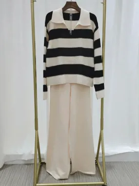 Big Size Loose Knit 2 Piece Set Lapel Striped Long Sleeve Sweater   High Waist Pant Suit 2023 Autumn Winter Women New C-200