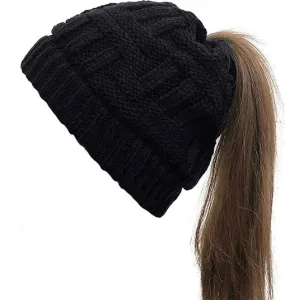 Black Blank Knit Ponytail Beanie Hat. Perfect for Hat Patches.
