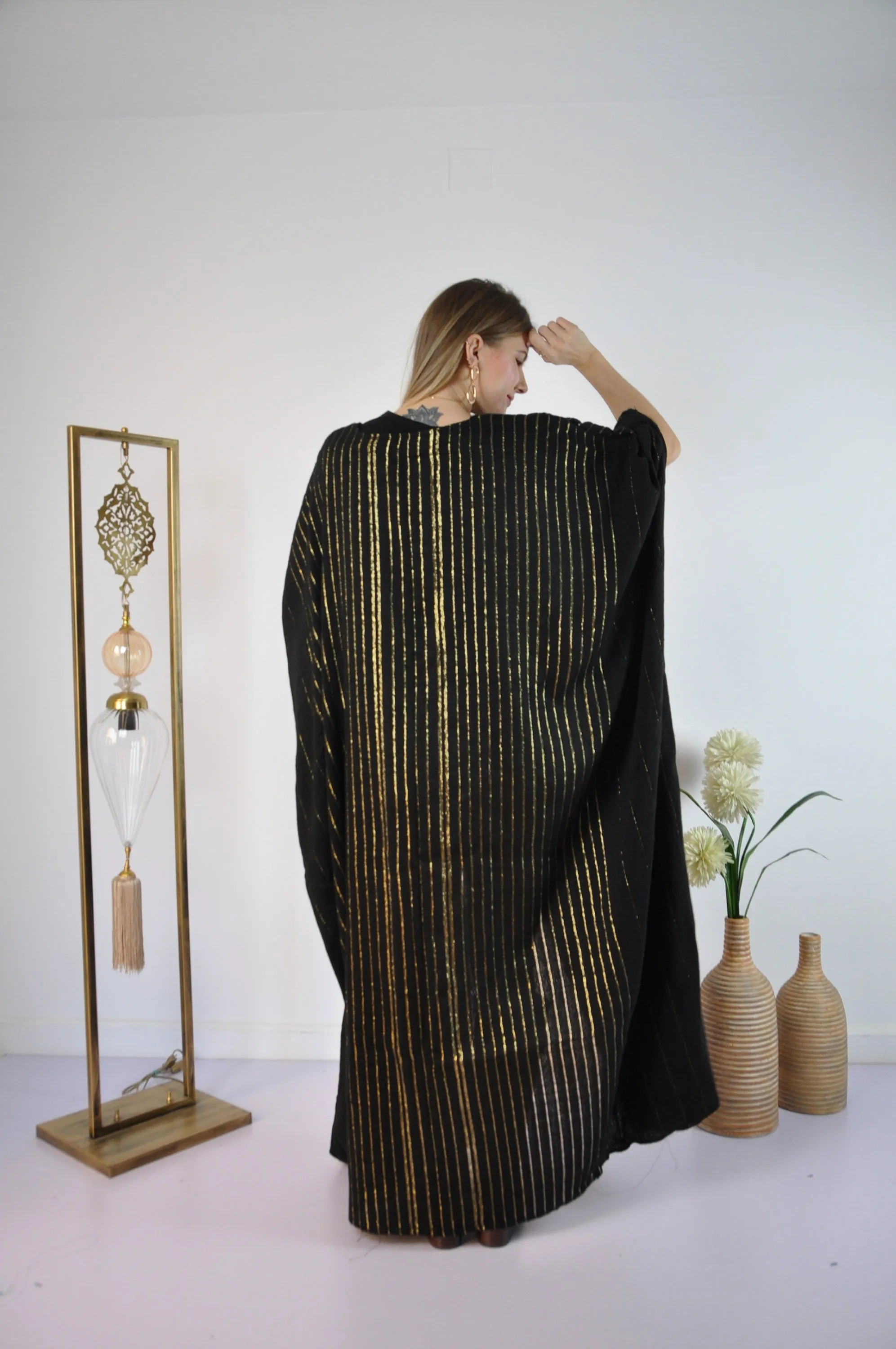 Black Vintage Abaya, Hand Embroidered Kimono, Winter Abaya, Gold Linings, Wool Abaya, Hand loomed Gold threads, Plus size Kimono, Plus size