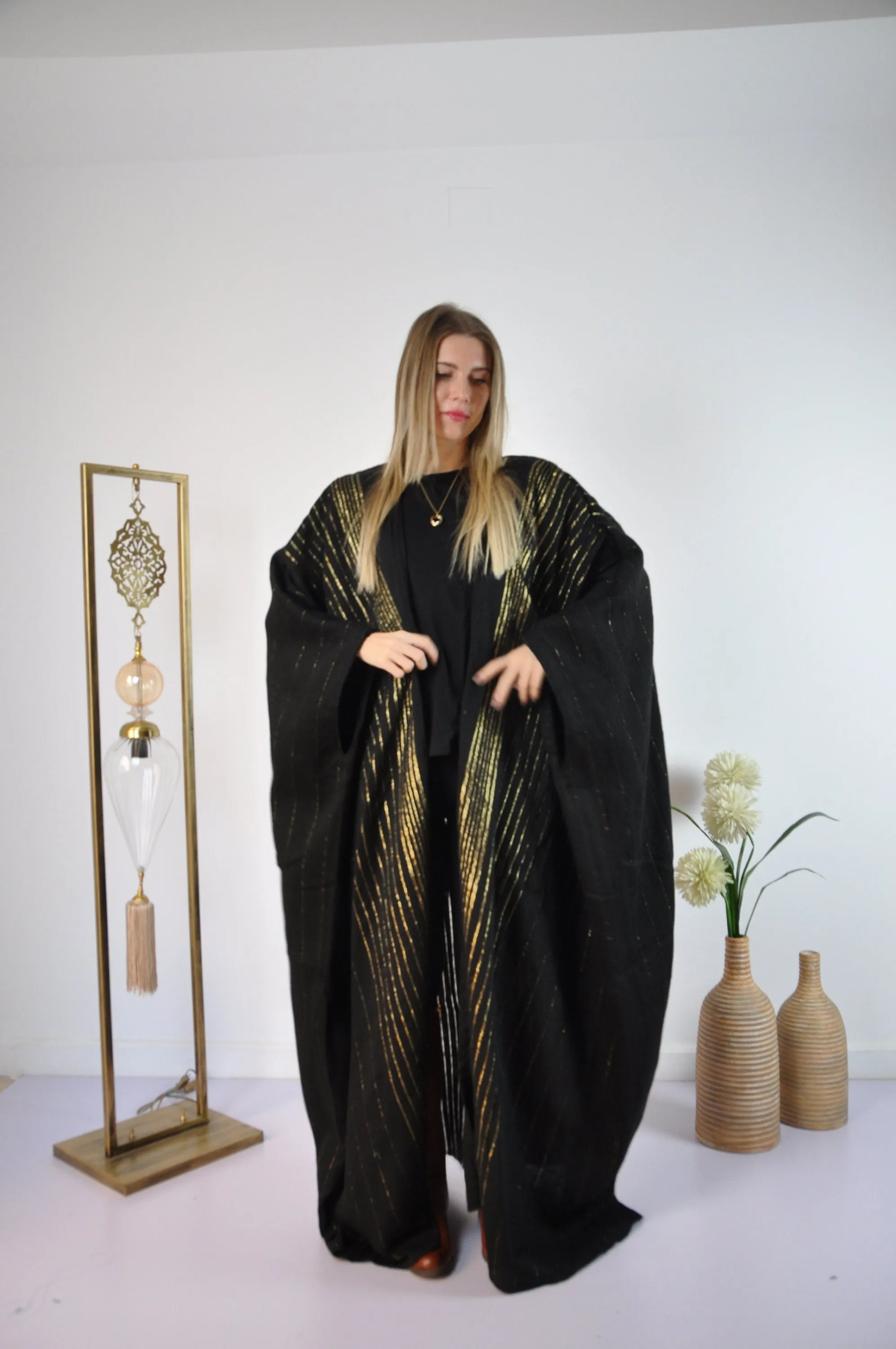 Black Vintage Abaya, Hand Embroidered Kimono, Winter Abaya, Gold Linings, Wool Abaya, Hand loomed Gold threads, Plus size Kimono, Plus size