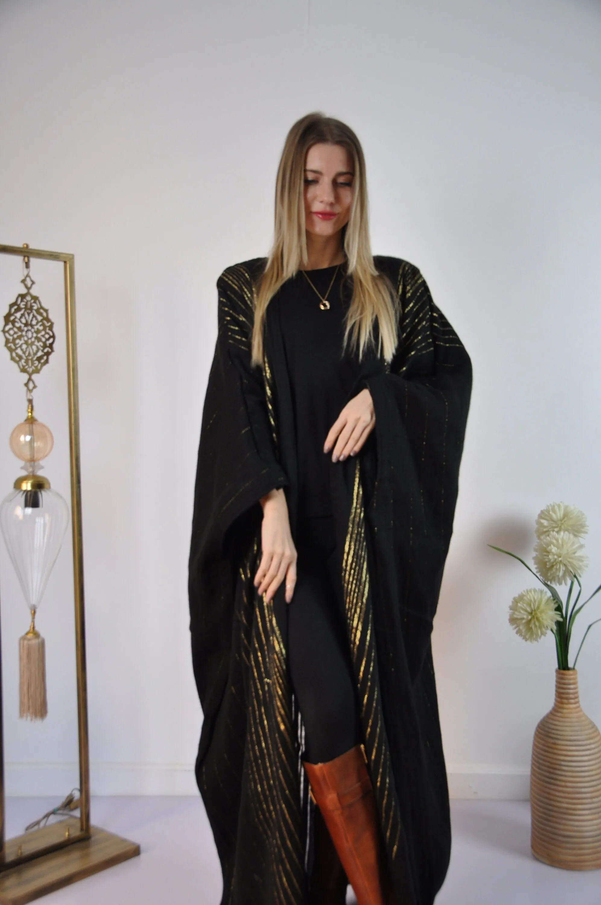 Black Vintage Abaya, Hand Embroidered Kimono, Winter Abaya, Gold Linings, Wool Abaya, Hand loomed Gold threads, Plus size Kimono, Plus size