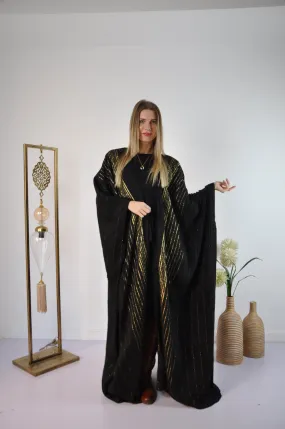 Black Vintage Abaya, Hand Embroidered Kimono, Winter Abaya, Gold Linings, Wool Abaya, Hand loomed Gold threads, Plus size Kimono, Plus size