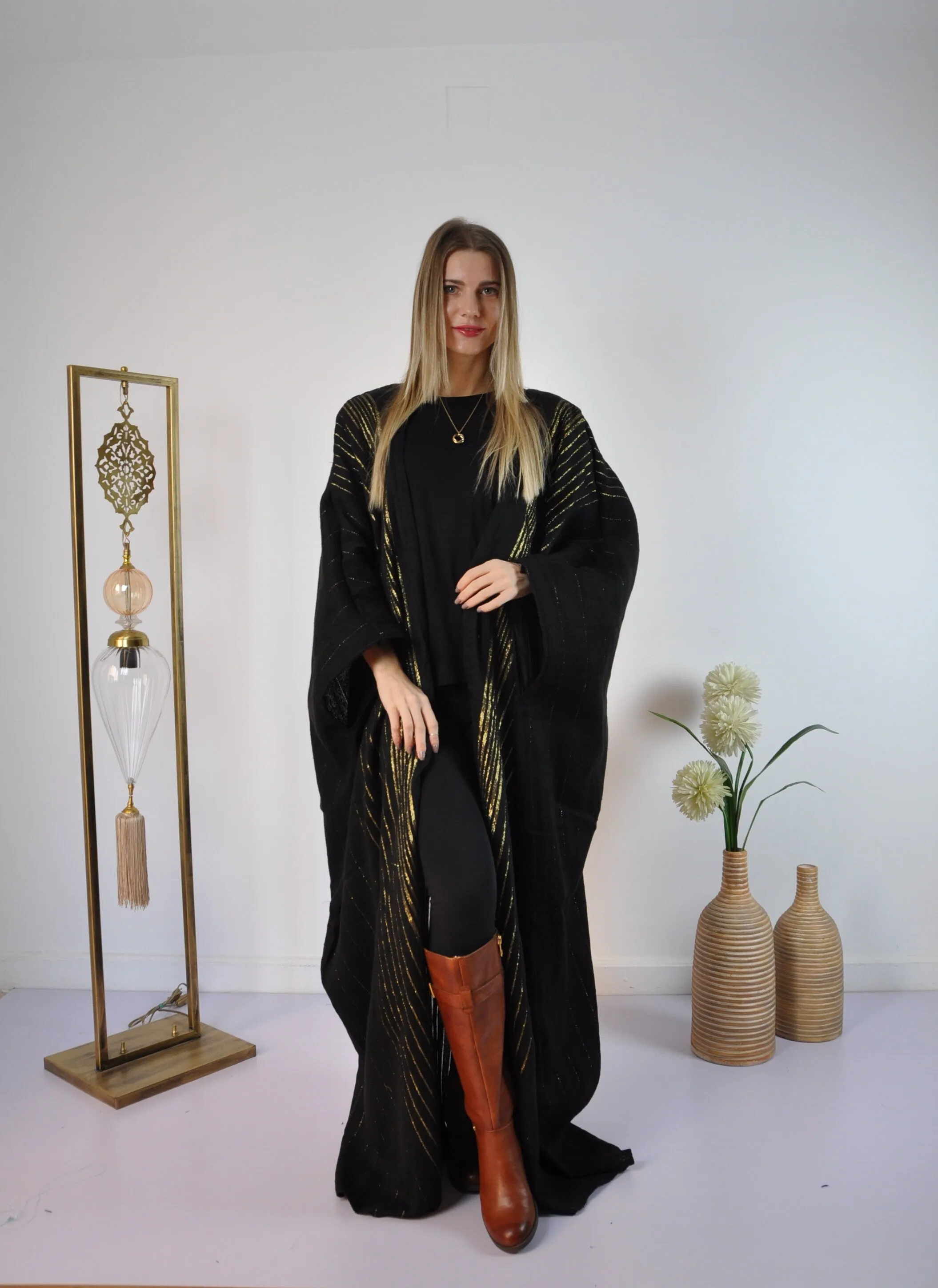 Black Vintage Abaya, Hand Embroidered Kimono, Winter Abaya, Gold Linings, Wool Abaya, Hand loomed Gold threads, Plus size Kimono, Plus size