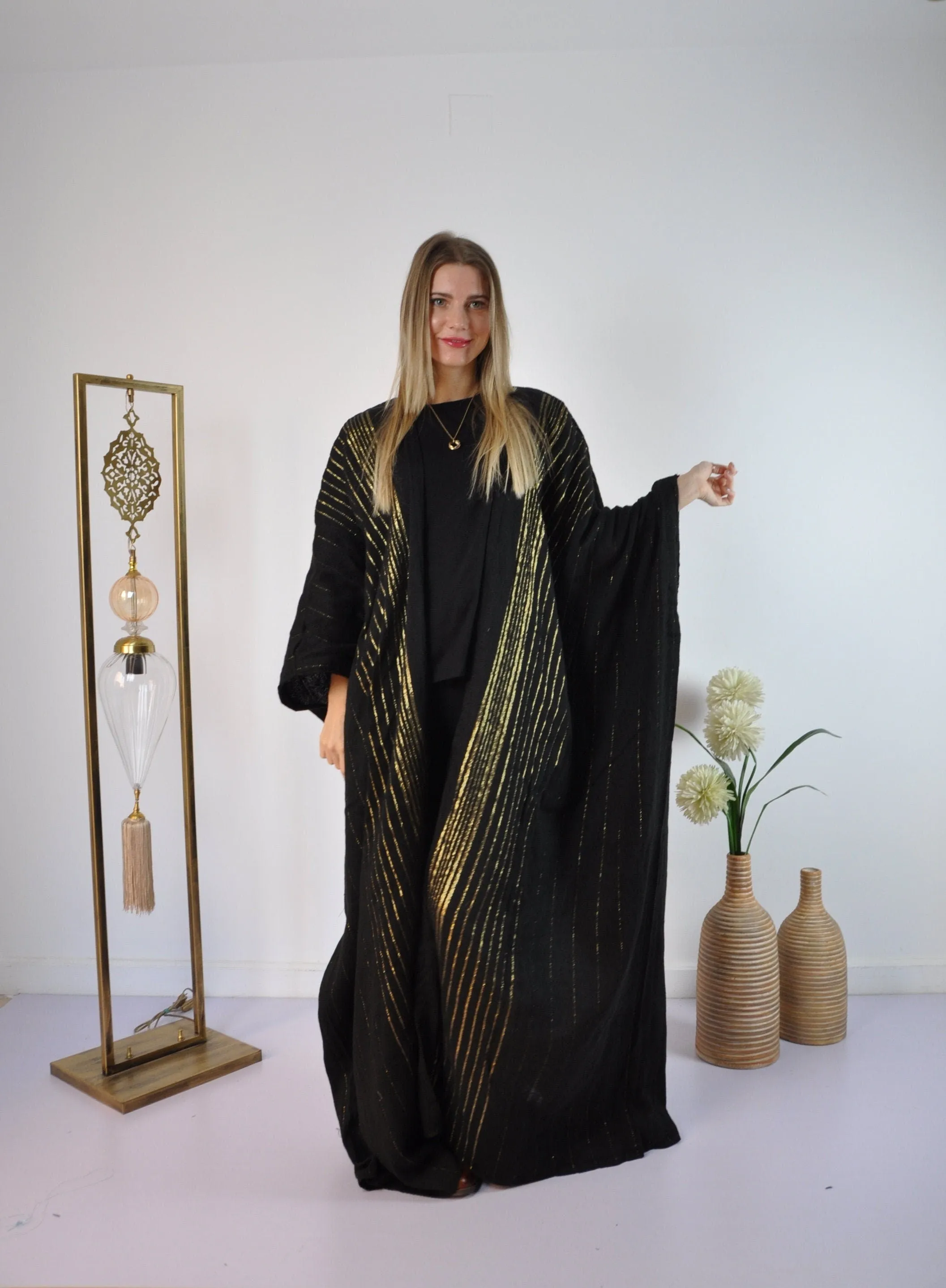 Black Vintage Abaya, Hand Embroidered Kimono, Winter Abaya, Gold Linings, Wool Abaya, Hand loomed Gold threads, Plus size Kimono, Plus size