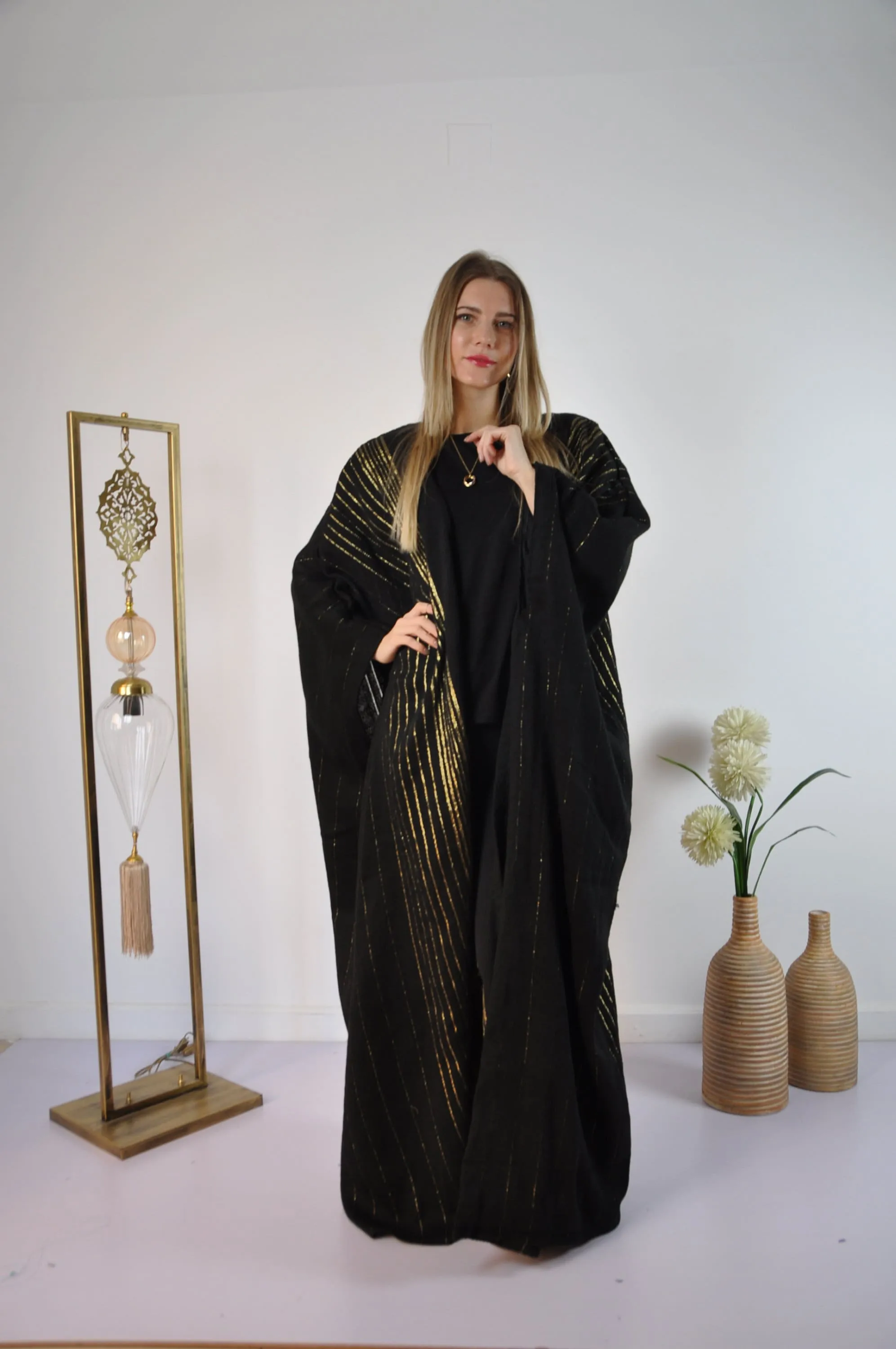 Black Vintage Abaya, Hand Embroidered Kimono, Winter Abaya, Gold Linings, Wool Abaya, Hand loomed Gold threads, Plus size Kimono, Plus size