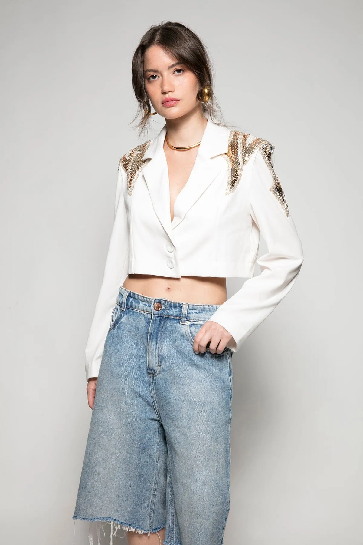 Blazer Curto Bordado Isle - Off White
