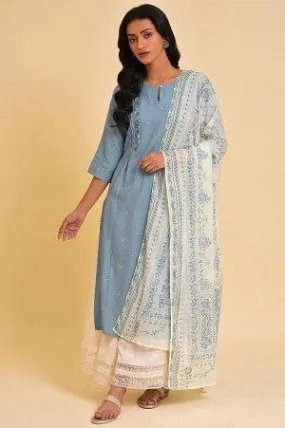 Blue Embroidered Kurta, Culottes And Printed Dupatta Set