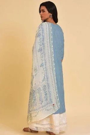 Blue Embroidered Kurta, Culottes And Printed Dupatta Set