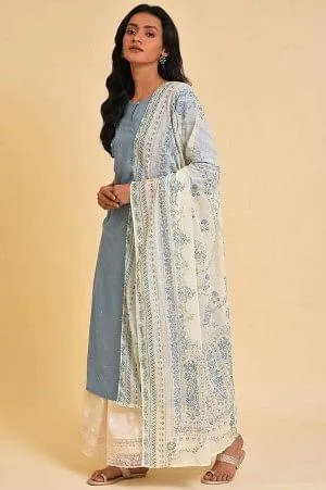 Blue Embroidered Kurta, Culottes And Printed Dupatta Set