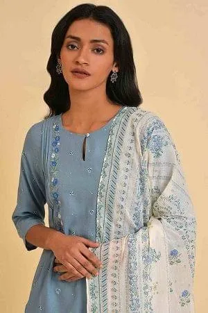 Blue Embroidered Kurta, Culottes And Printed Dupatta Set