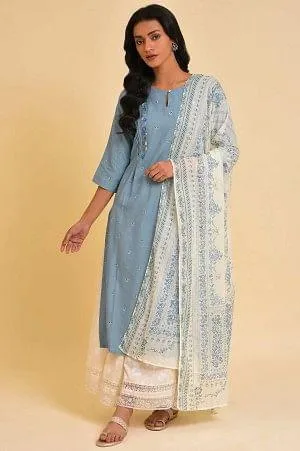 Blue Embroidered Kurta, Culottes And Printed Dupatta Set