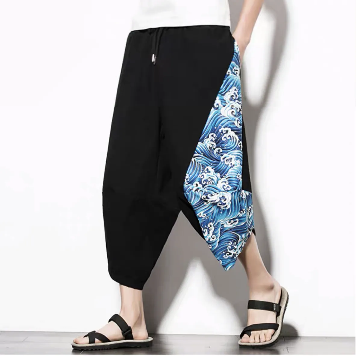 Blue Wave Drawstring Cropped Pants