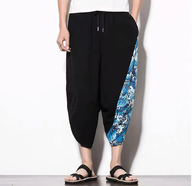 Blue Wave Drawstring Cropped Pants