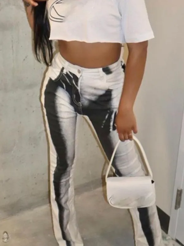 Button Abstract Printed Flared Pants