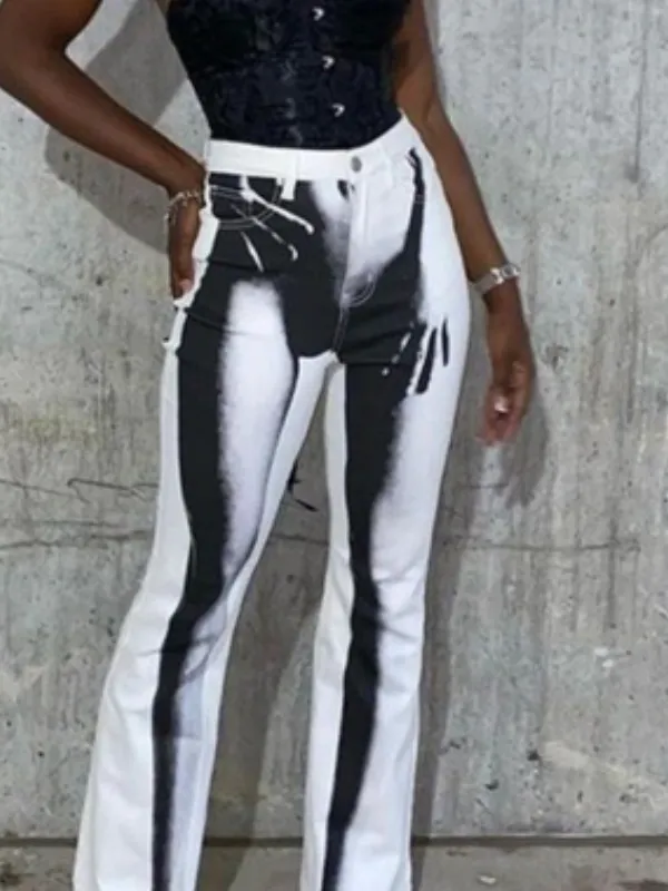 Button Abstract Printed Flared Pants
