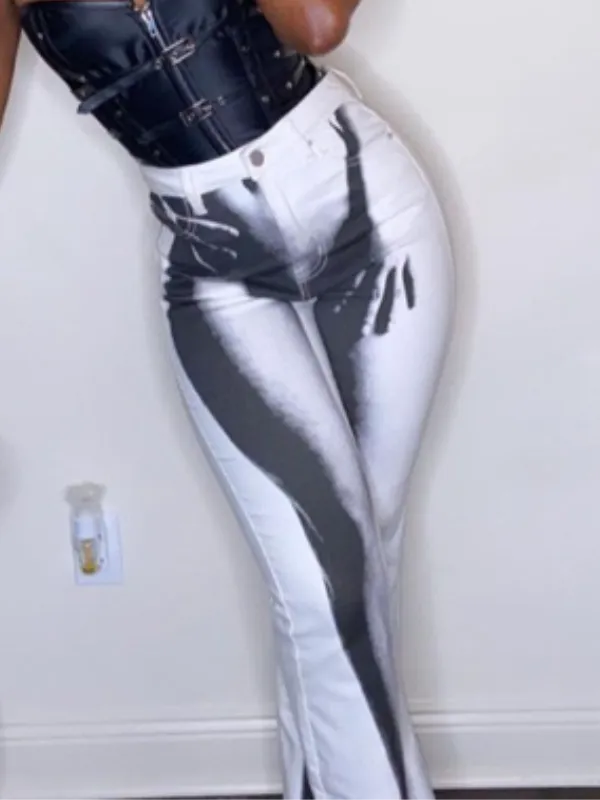 Button Abstract Printed Flared Pants