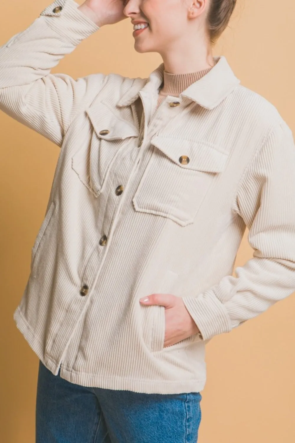 Corduroy Button Up Jacket with Sherpa Inside in Cream