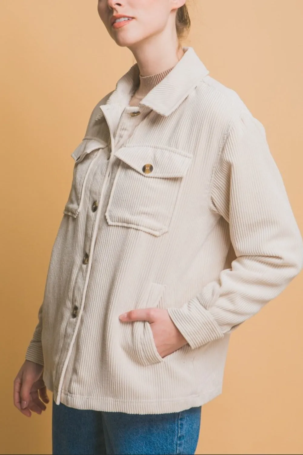 Corduroy Button Up Jacket with Sherpa Inside in Cream