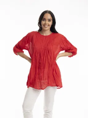 Cotton Gauze Long Pleated Top in Scarlet