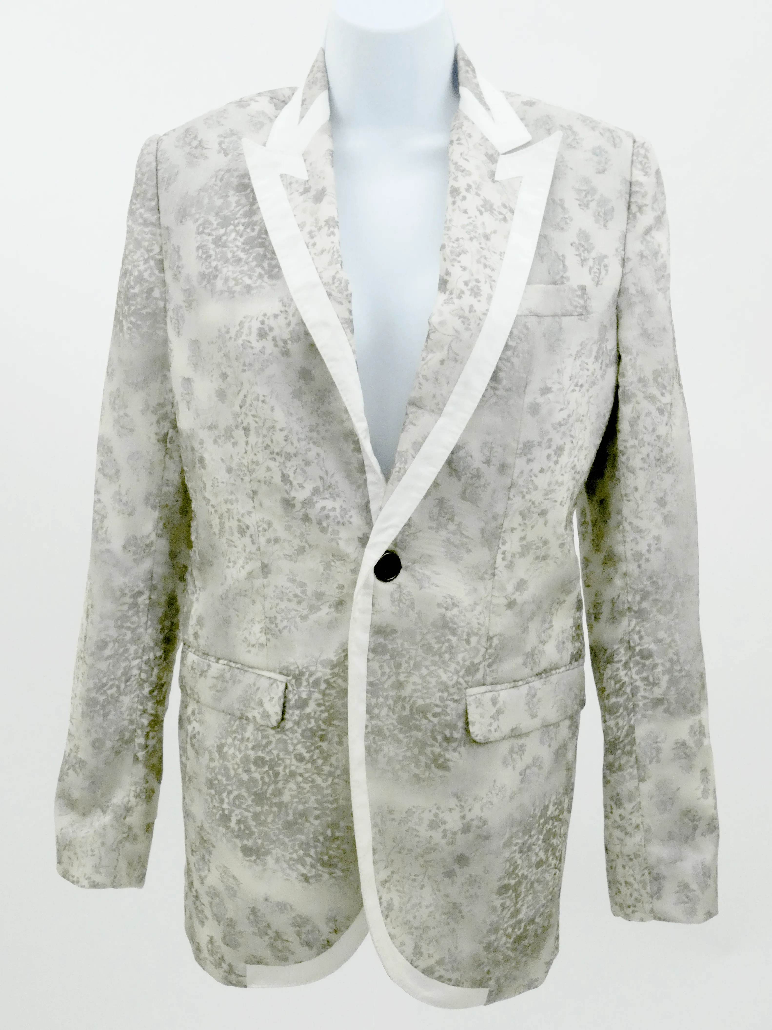 Cream Floral Printed Chiffon Silk Lined Blazer
