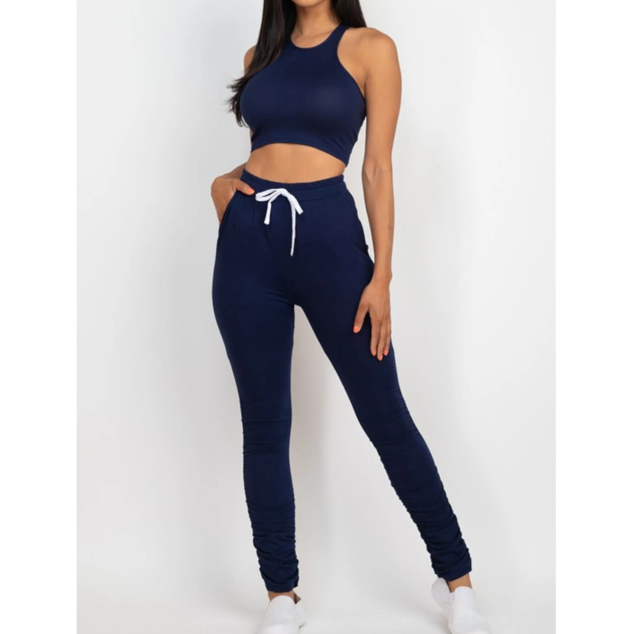 Crop Top & Ruched Drawstring Pants Set