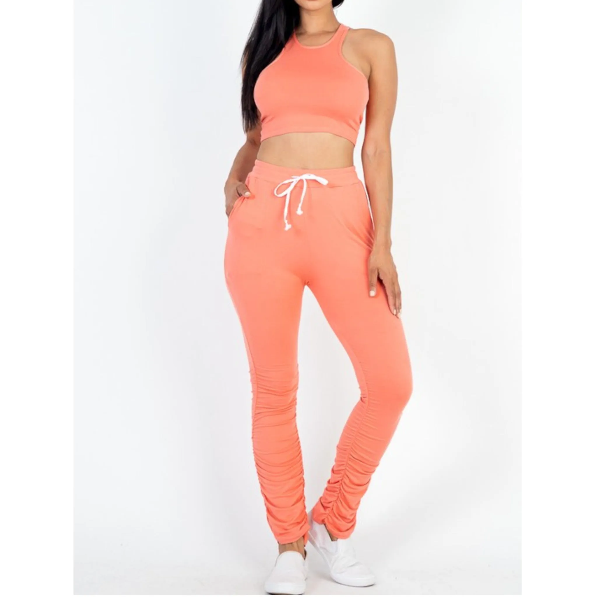 Crop Top & Ruched Drawstring Pants Set