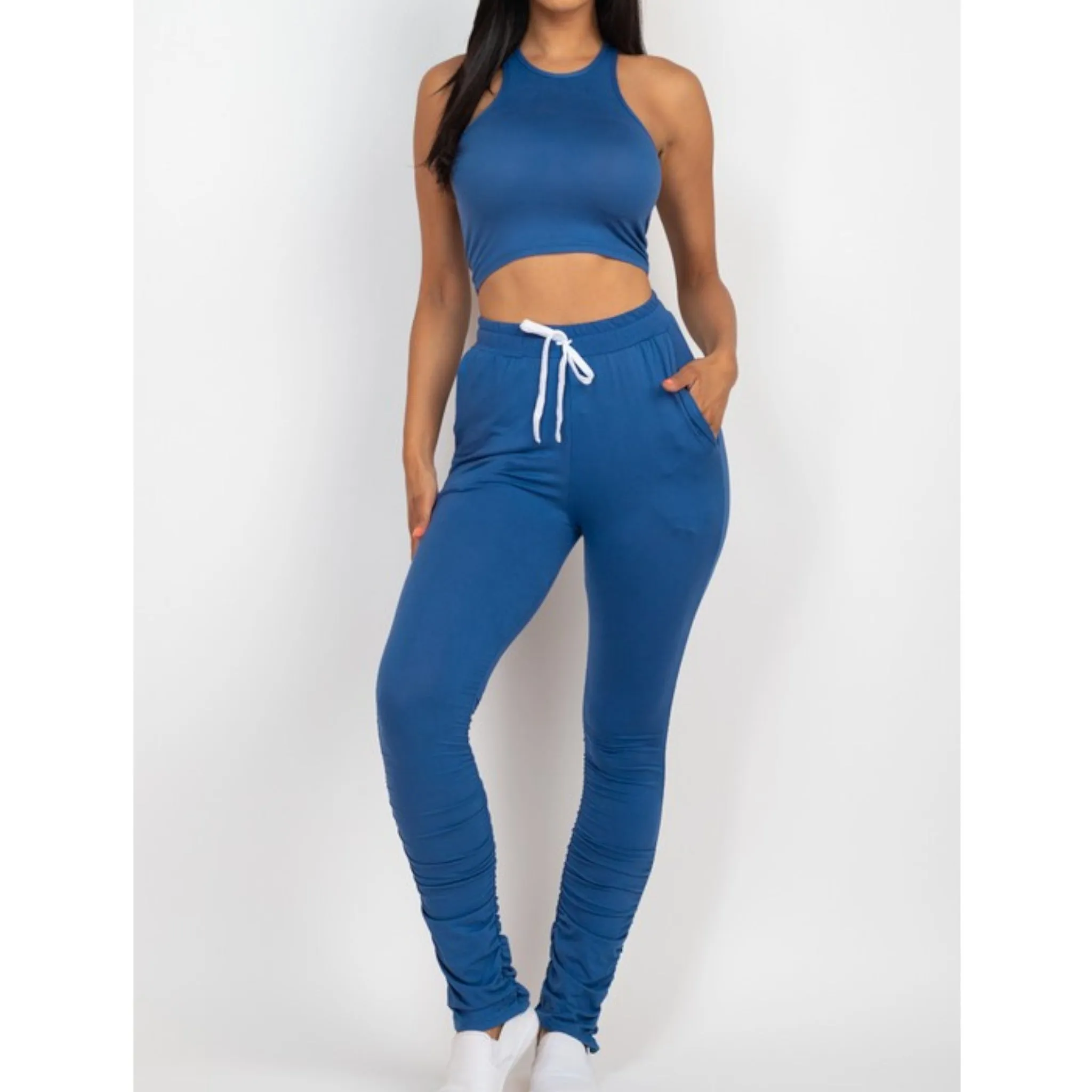 Crop Top & Ruched Drawstring Pants Set