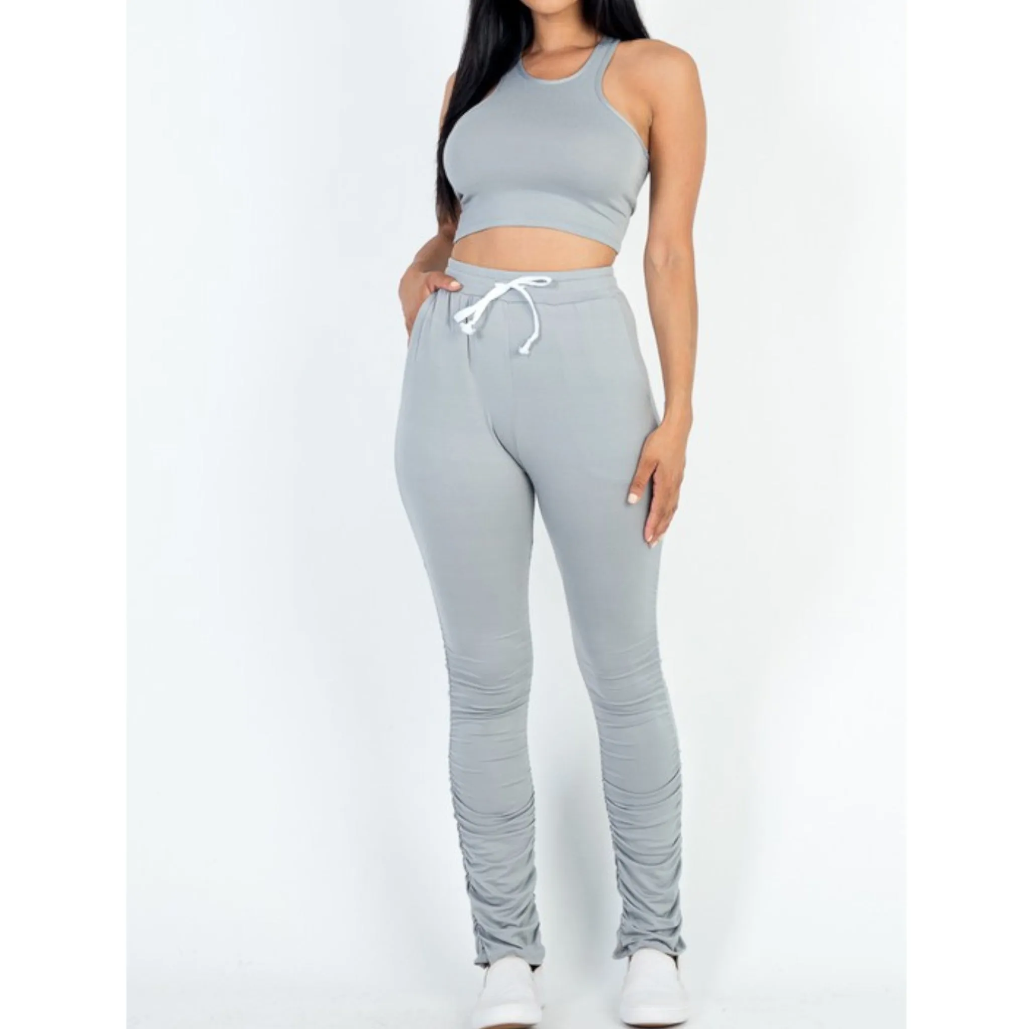 Crop Top & Ruched Drawstring Pants Set
