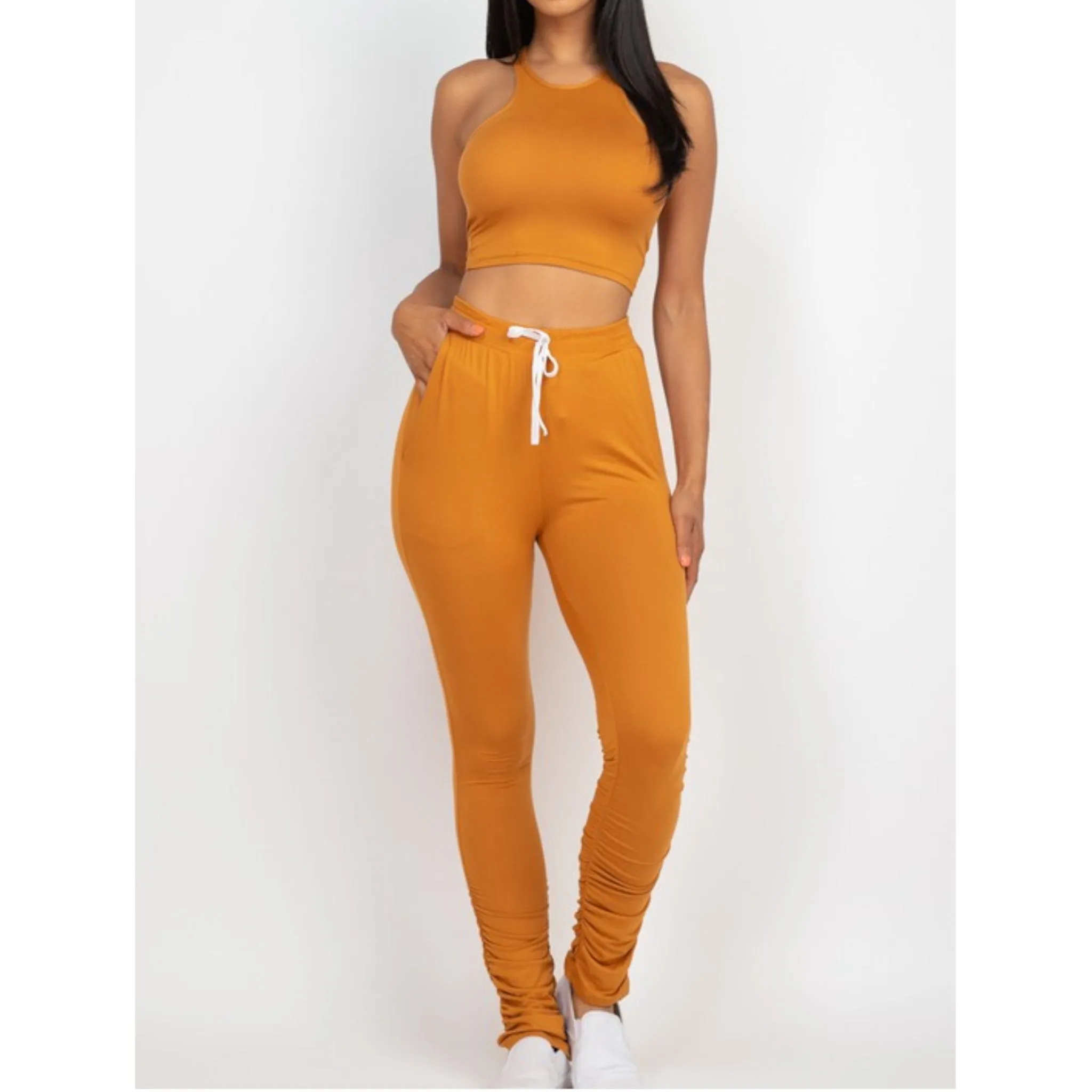 Crop Top & Ruched Drawstring Pants Set