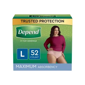 Depend FIT-FLEX Incontinence Underwear for Women, Maximum Absorbency, Large, 52 Ct (2 Pack)