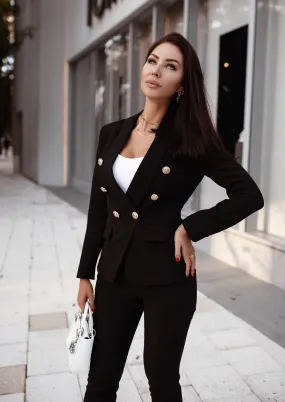 Double Breasted Blazer & Pants Suit Set - Black