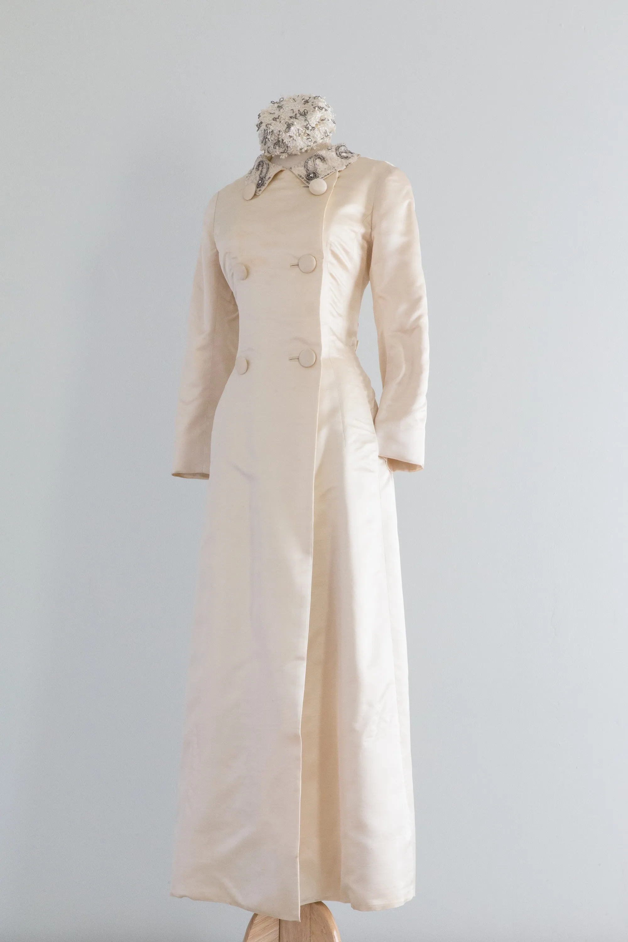 Elegant 1960's Ivory Silk Malcolm Starr Maxi Coat With Beaded Collar / Medium