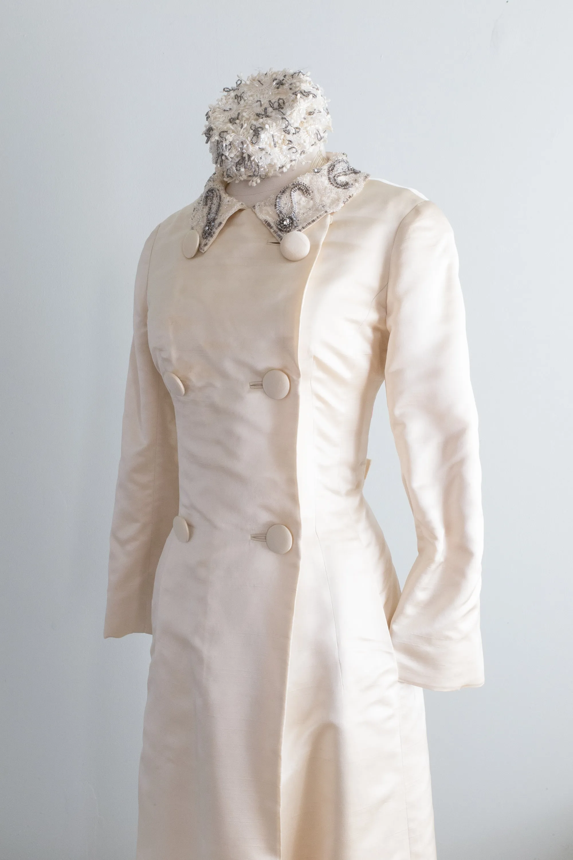 Elegant 1960's Ivory Silk Malcolm Starr Maxi Coat With Beaded Collar / Medium