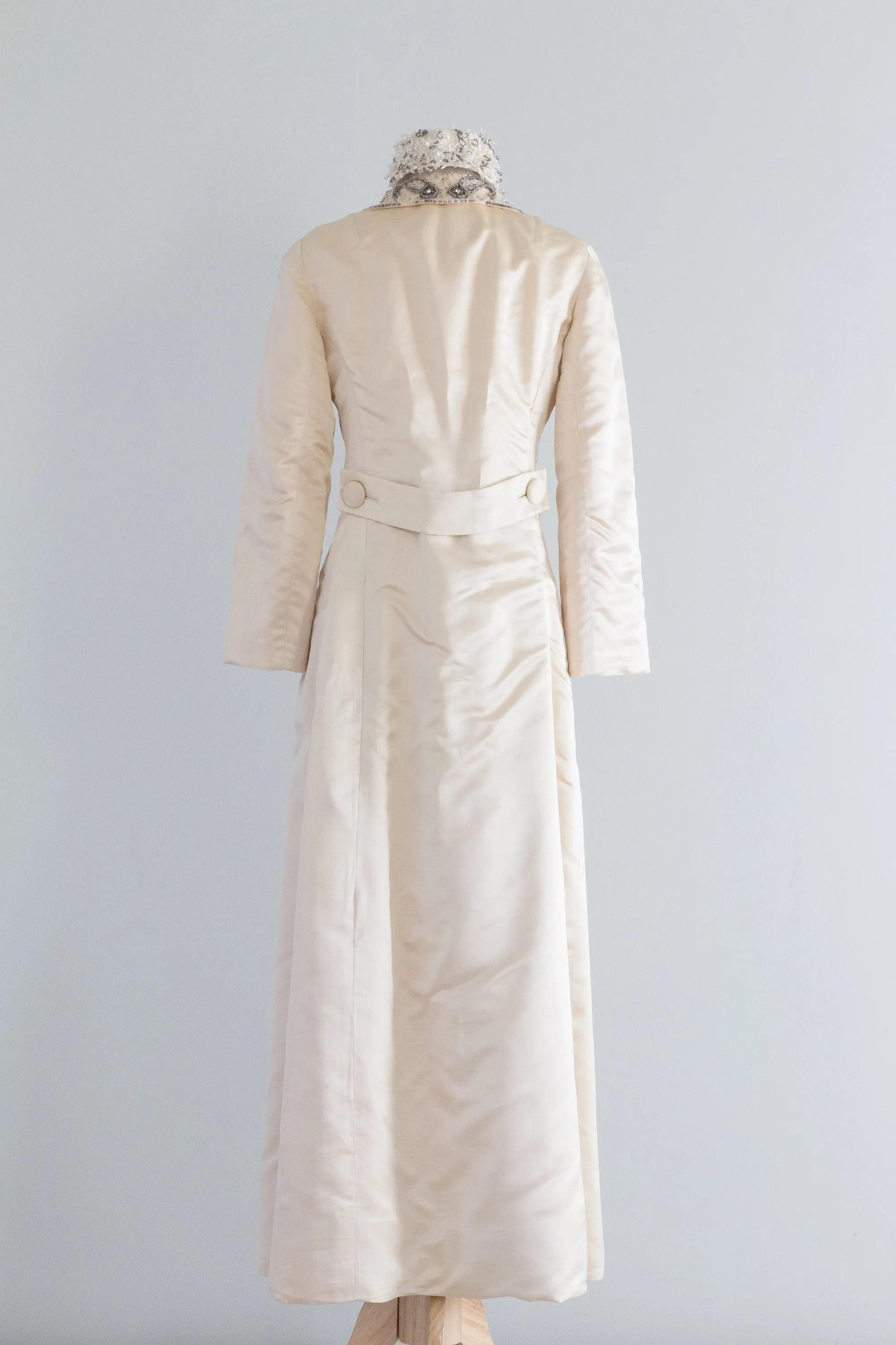 Elegant 1960's Ivory Silk Malcolm Starr Maxi Coat With Beaded Collar / Medium