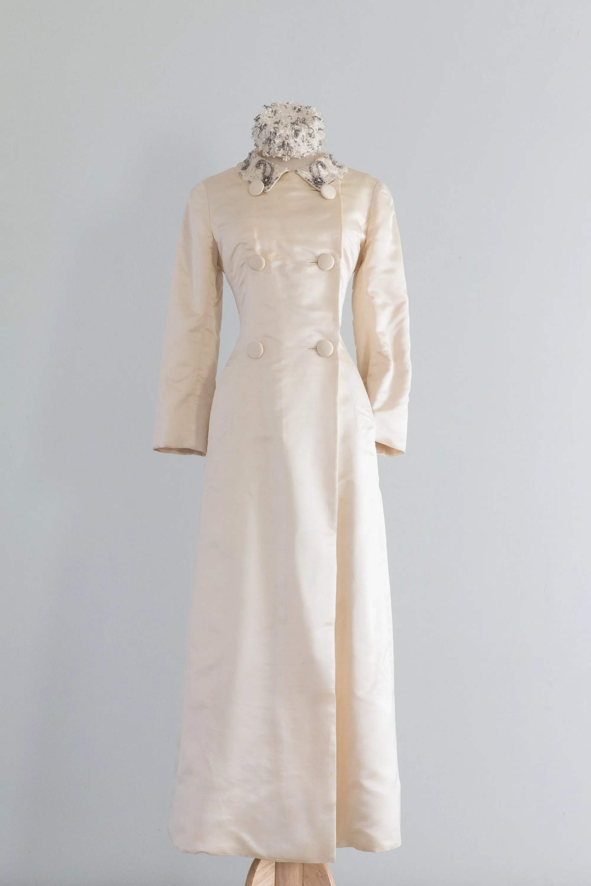 Elegant 1960's Ivory Silk Malcolm Starr Maxi Coat With Beaded Collar / Medium