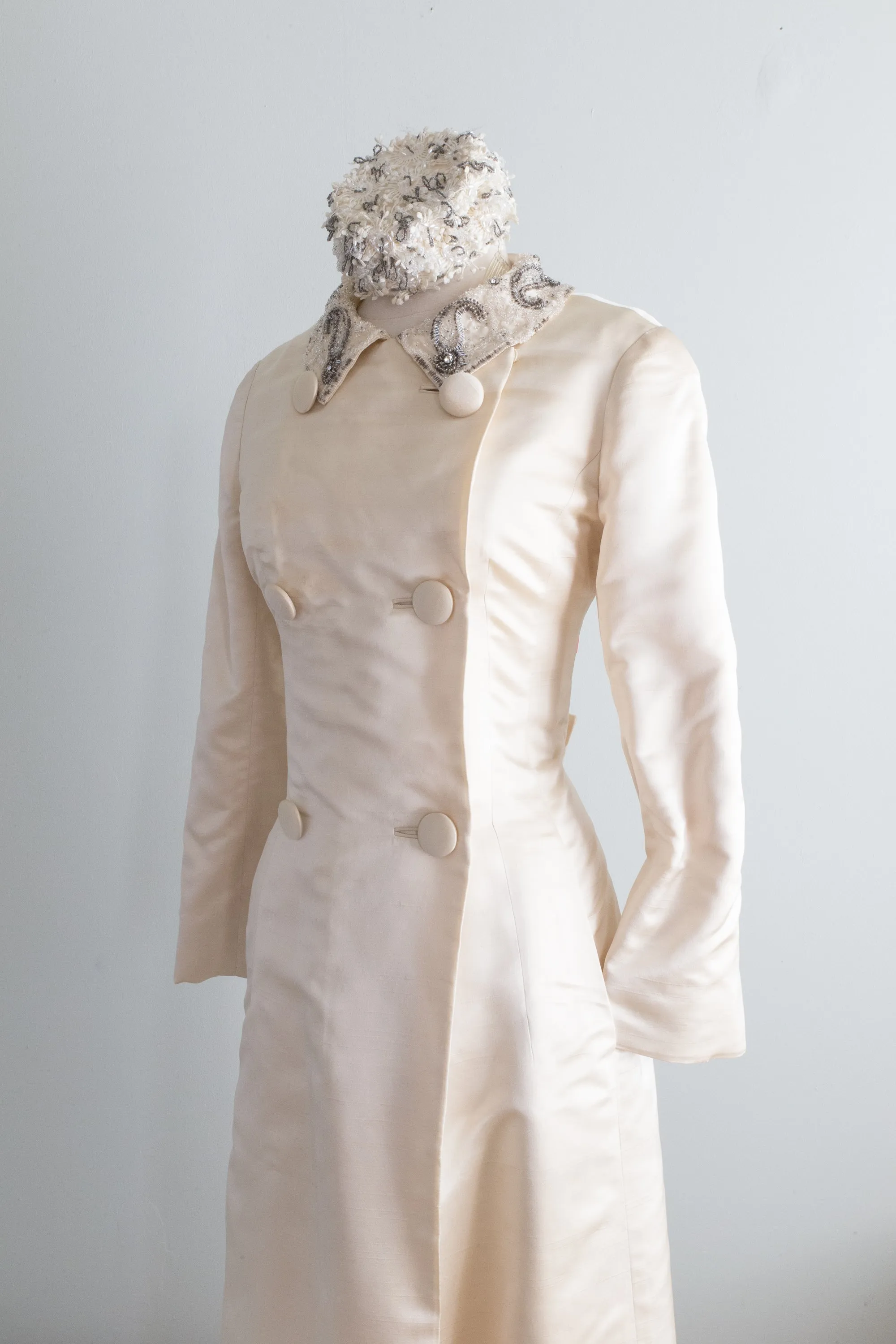 Elegant 1960's Ivory Silk Malcolm Starr Maxi Coat With Beaded Collar / Medium