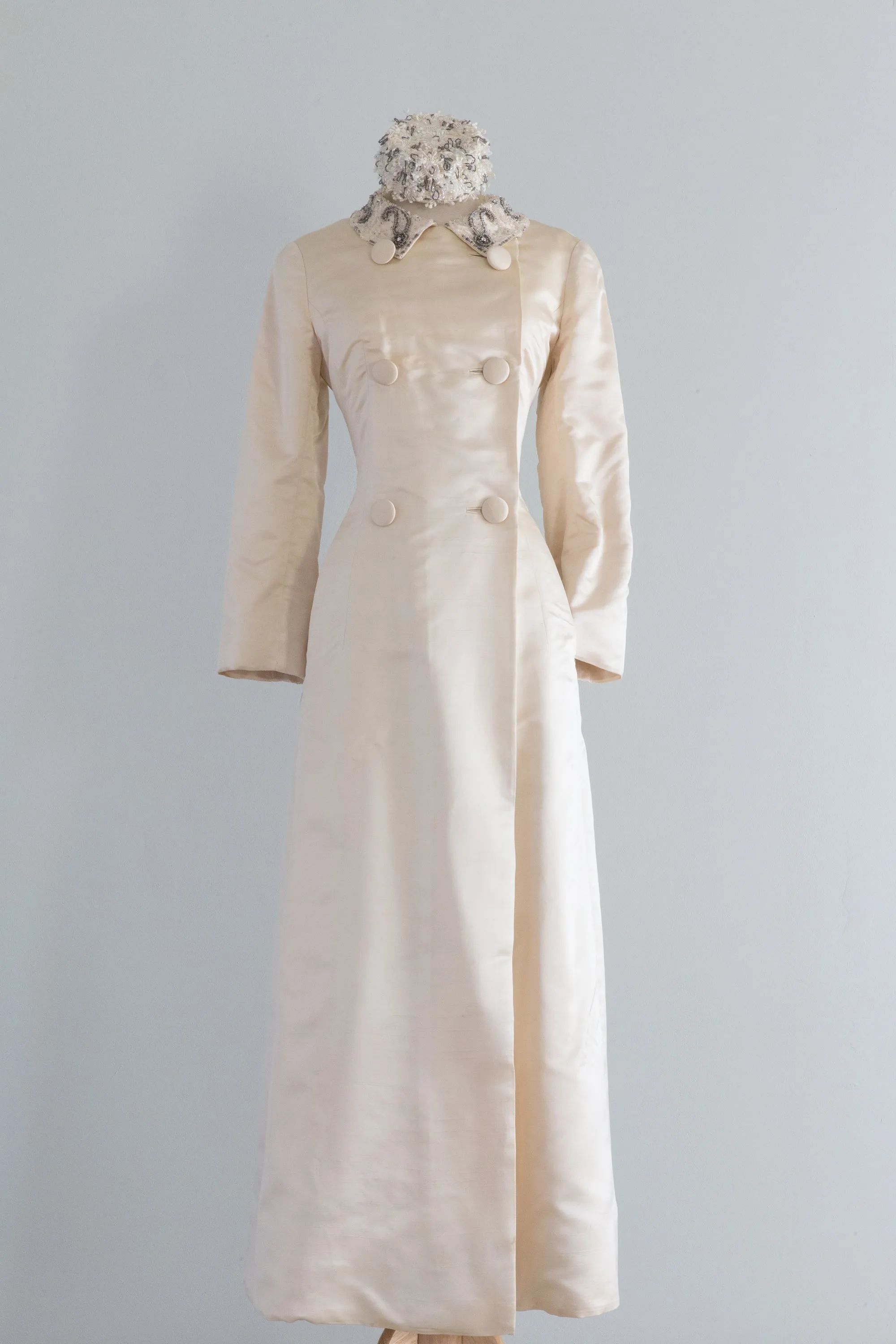 Elegant 1960's Ivory Silk Malcolm Starr Maxi Coat With Beaded Collar / Medium