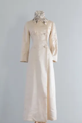 Elegant 1960's Ivory Silk Malcolm Starr Maxi Coat With Beaded Collar / Medium