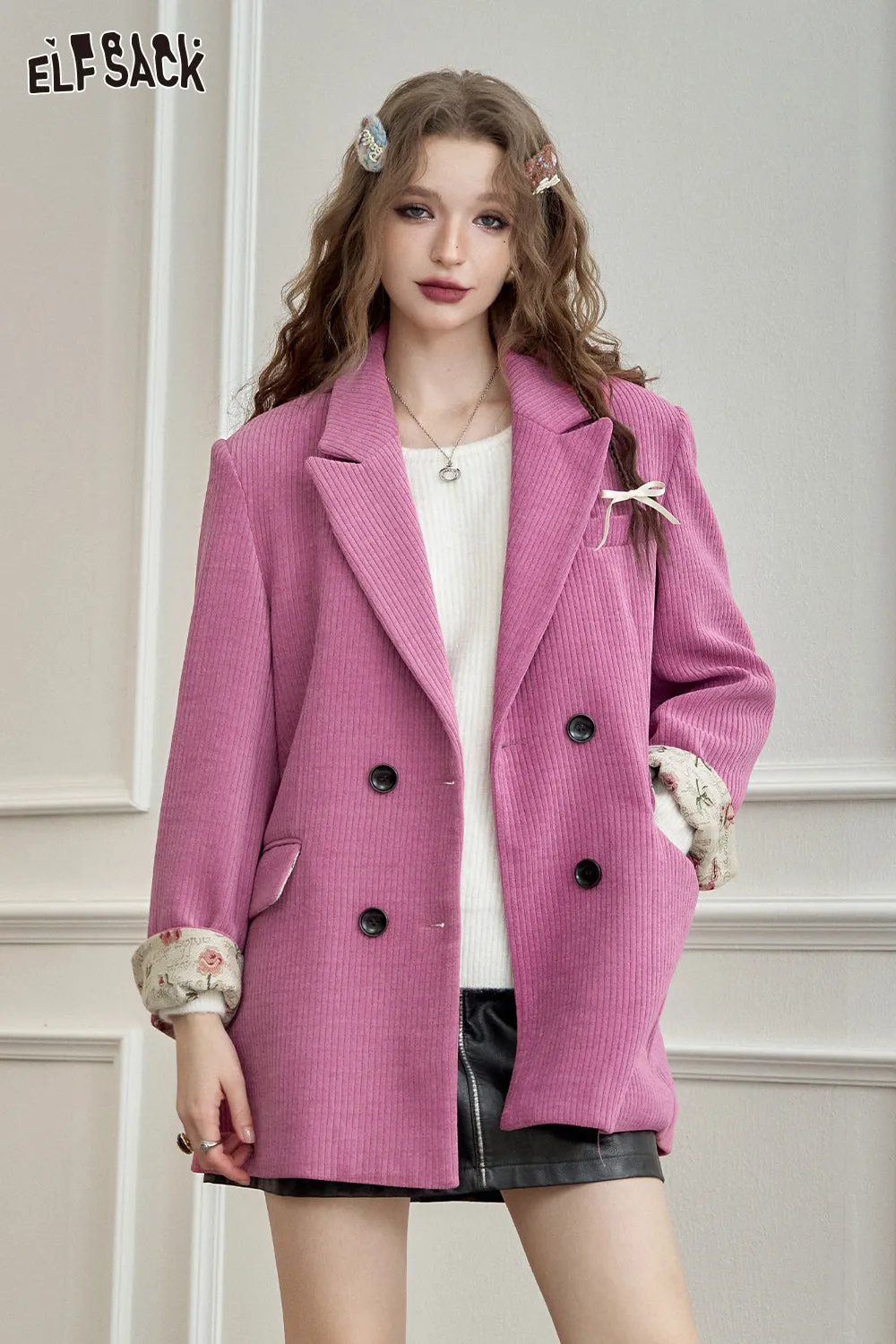 ELFSACK 2024 Autumn New Arrivals Textured Retro Blazer for Women Melange Elegant Outerwear