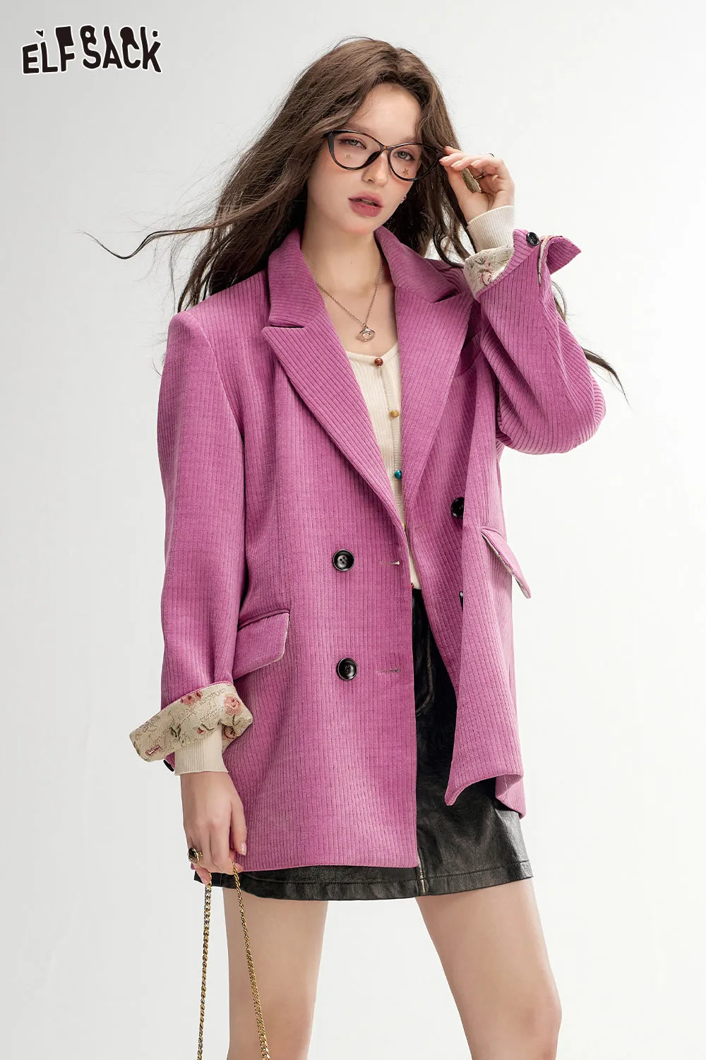 ELFSACK 2024 Autumn New Arrivals Textured Retro Blazer for Women Melange Elegant Outerwear