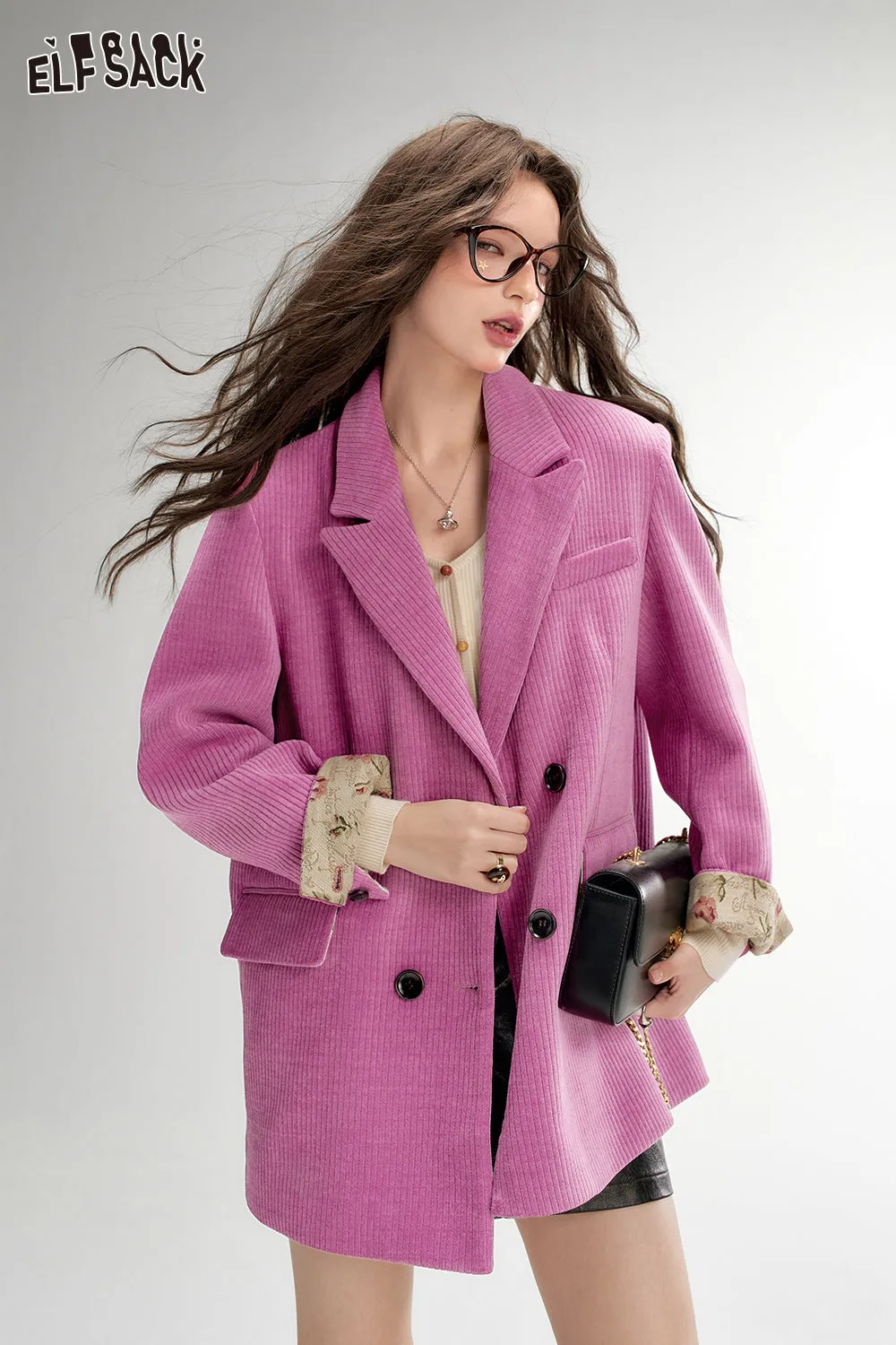 ELFSACK 2024 Autumn New Arrivals Textured Retro Blazer for Women Melange Elegant Outerwear