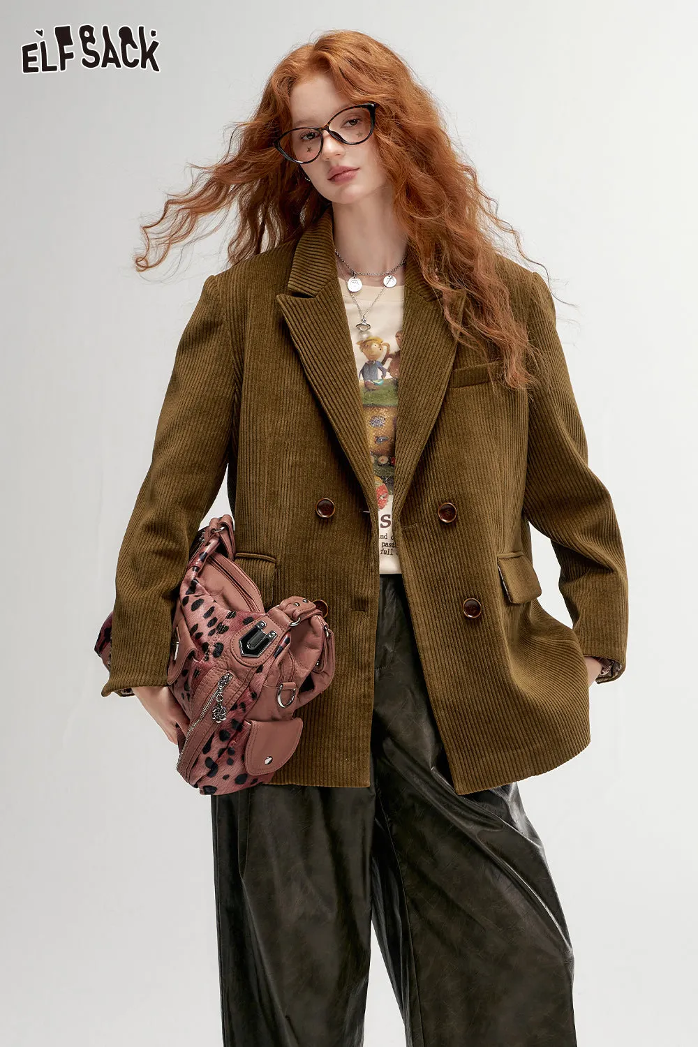 ELFSACK 2024 Autumn New Arrivals Textured Retro Blazer for Women Melange Elegant Outerwear