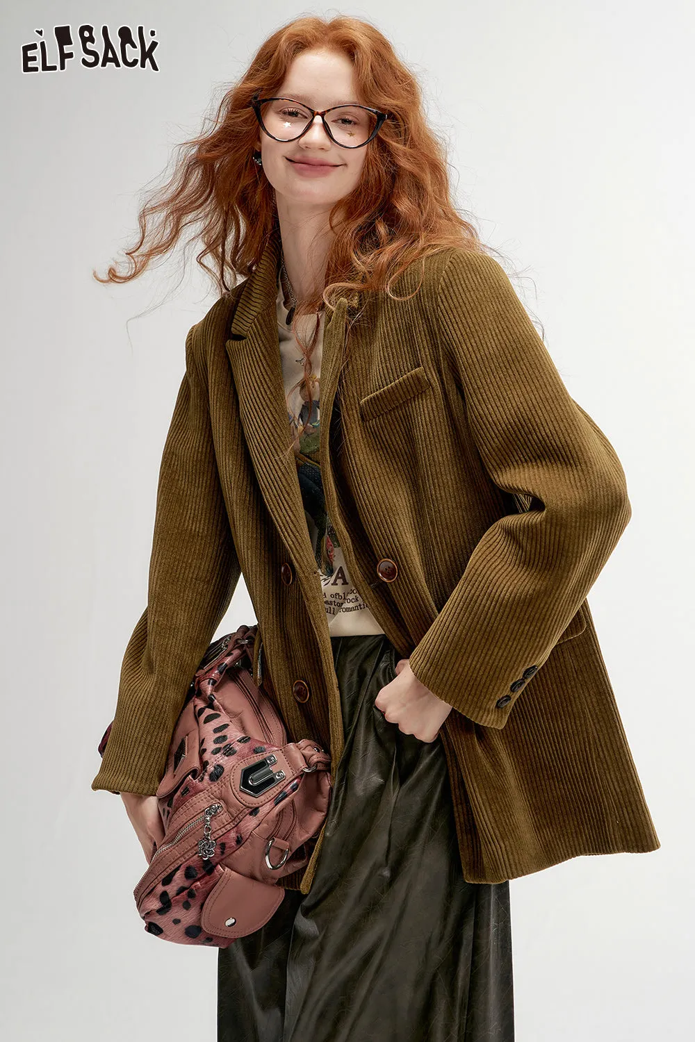 ELFSACK 2024 Autumn New Arrivals Textured Retro Blazer for Women Melange Elegant Outerwear