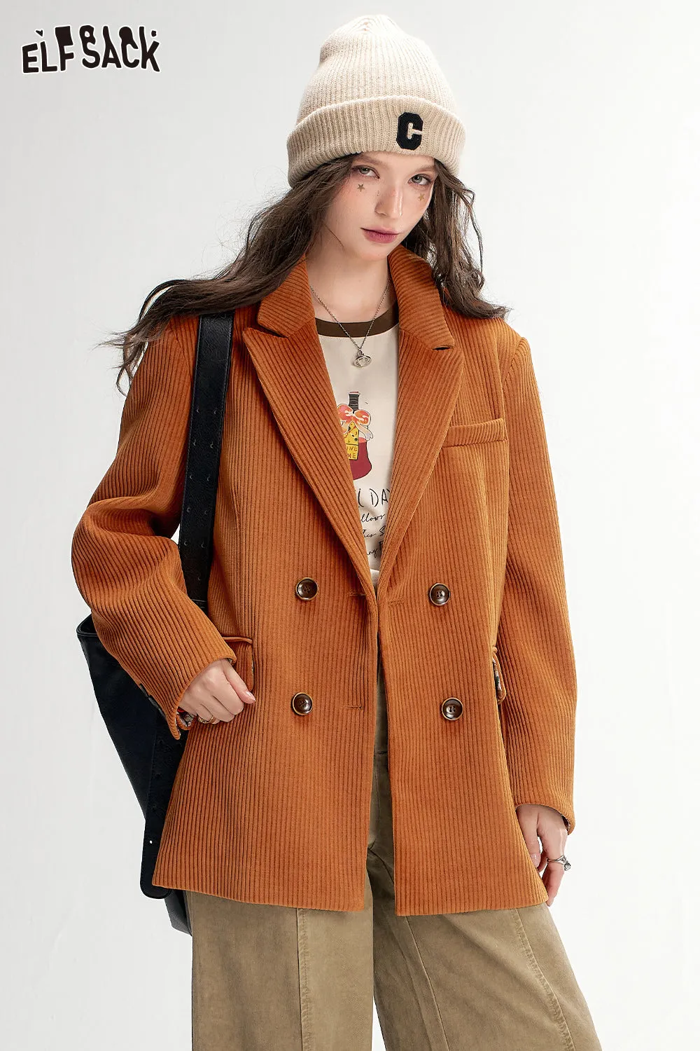 ELFSACK 2024 Autumn New Arrivals Textured Retro Blazer for Women Melange Elegant Outerwear