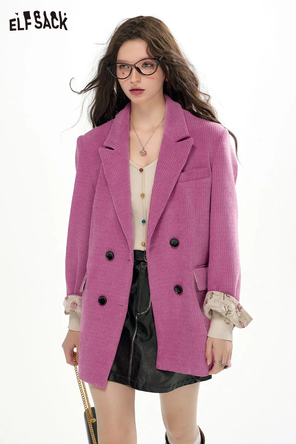 ELFSACK 2024 Autumn New Arrivals Textured Retro Blazer for Women Melange Elegant Outerwear